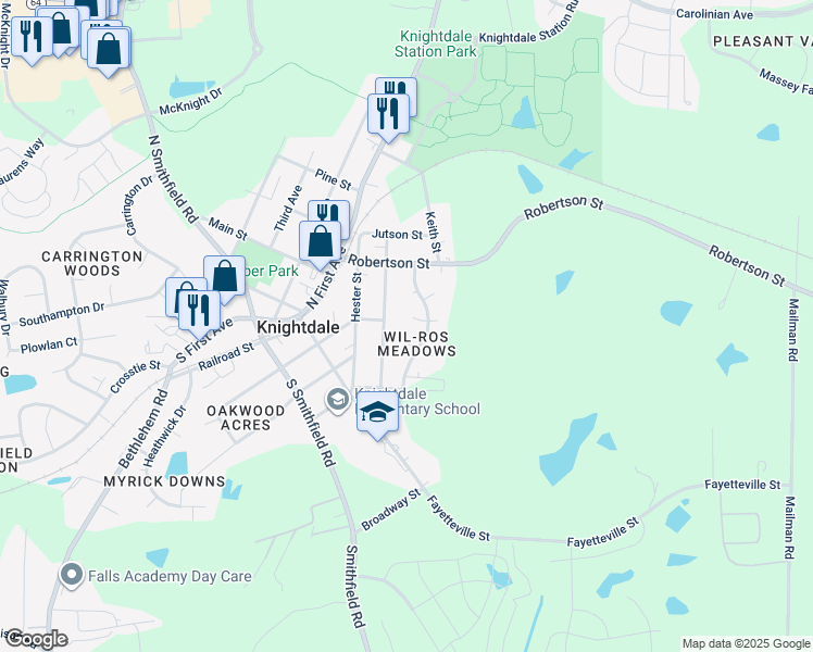 map of restaurants, bars, coffee shops, grocery stores, and more near 105 Count Gregory Court in Knightdale