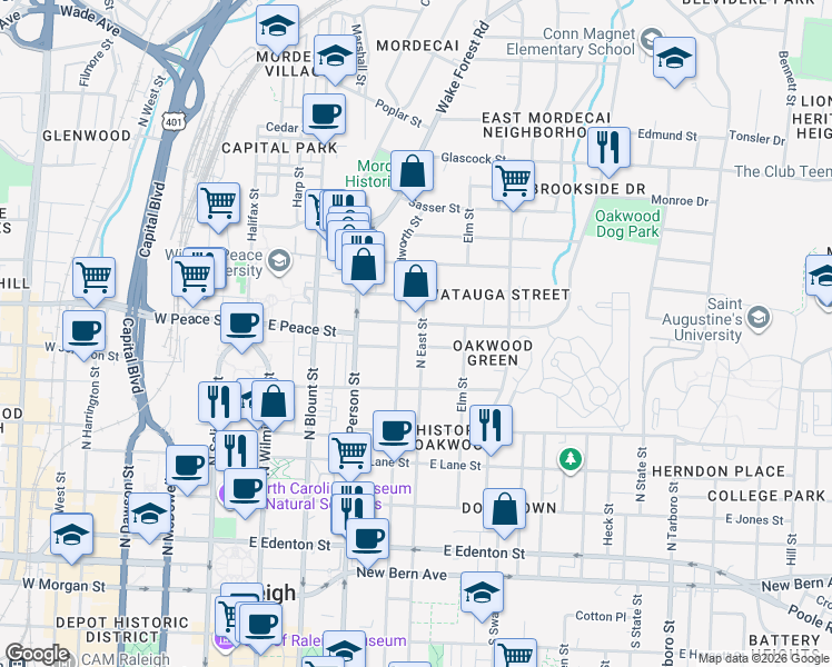 map of restaurants, bars, coffee shops, grocery stores, and more near 526 North East Street in Raleigh