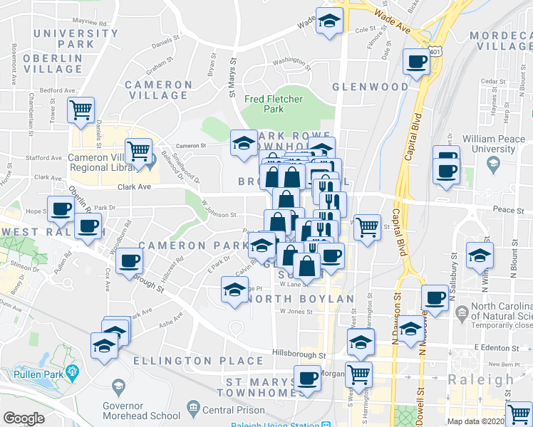 map of restaurants, bars, coffee shops, grocery stores, and more near 1200 Park Drive in Raleigh