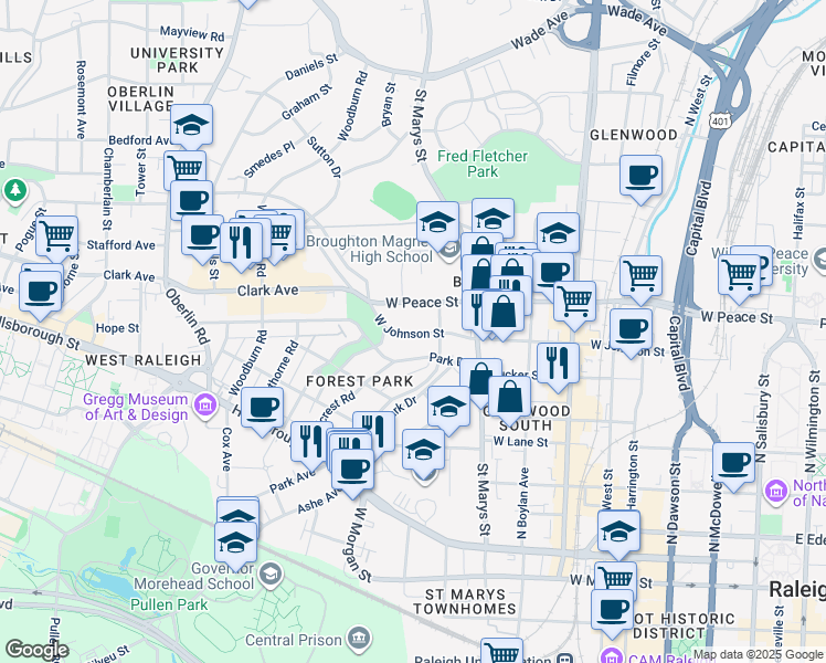 map of restaurants, bars, coffee shops, grocery stores, and more near 1424 Park Drive in Raleigh