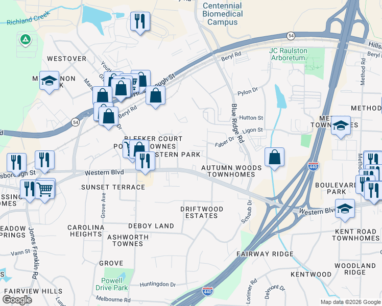 map of restaurants, bars, coffee shops, grocery stores, and more near 4912 Western Boulevard in Raleigh