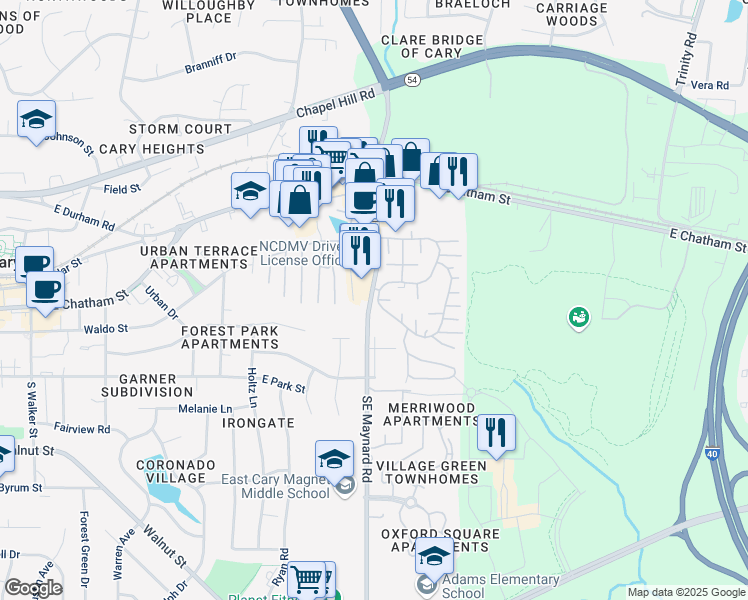 map of restaurants, bars, coffee shops, grocery stores, and more near 303 Tate Street in Cary