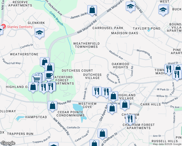 map of restaurants, bars, coffee shops, grocery stores, and more near 101 Thensia Court in Cary