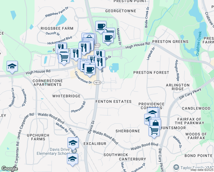 map of restaurants, bars, coffee shops, grocery stores, and more near 134 Walker Stone Drive in Cary