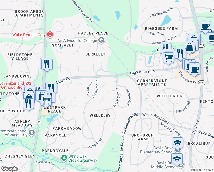 map of restaurants, bars, coffee shops, grocery stores, and more near 107 Bromfield Way in Cary
