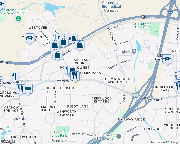 map of restaurants, bars, coffee shops, grocery stores, and more near Pineland Circle in Raleigh