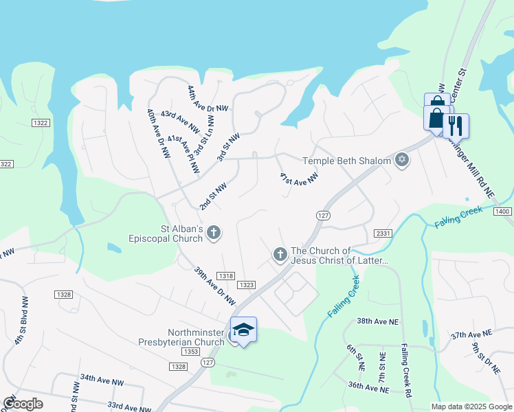 map of restaurants, bars, coffee shops, grocery stores, and more near 156 39th Avenue Court Northwest in Hickory
