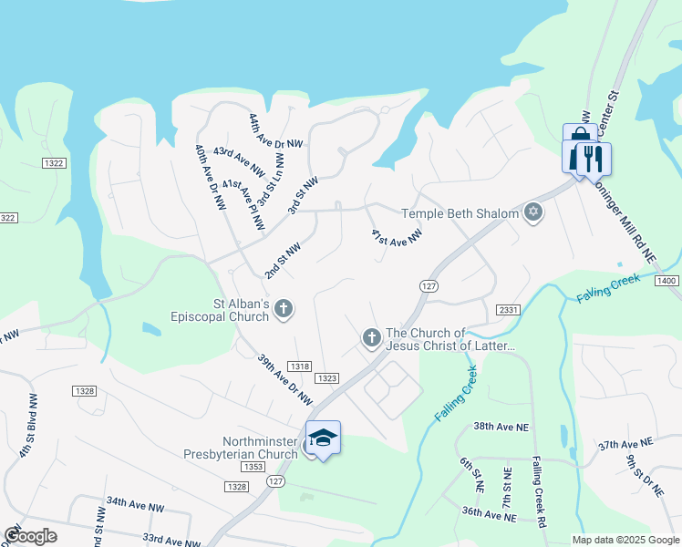 map of restaurants, bars, coffee shops, grocery stores, and more near 156 39th Avenue Court Northwest in Hickory
