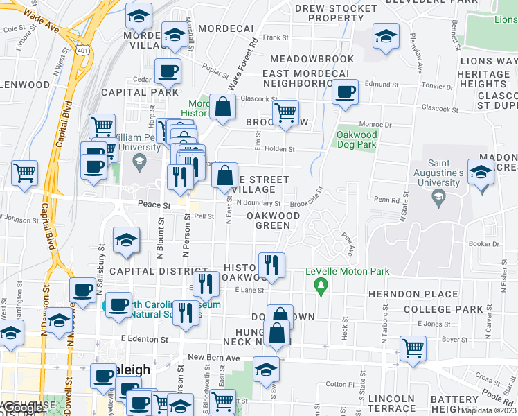 map of restaurants, bars, coffee shops, grocery stores, and more near 522 Elm Street in Raleigh