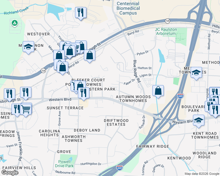 map of restaurants, bars, coffee shops, grocery stores, and more near 4912 Western Boulevard in Raleigh