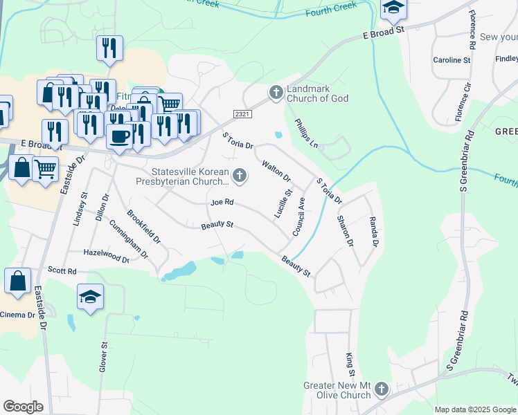 map of restaurants, bars, coffee shops, grocery stores, and more near 2115 Joe Road in Statesville
