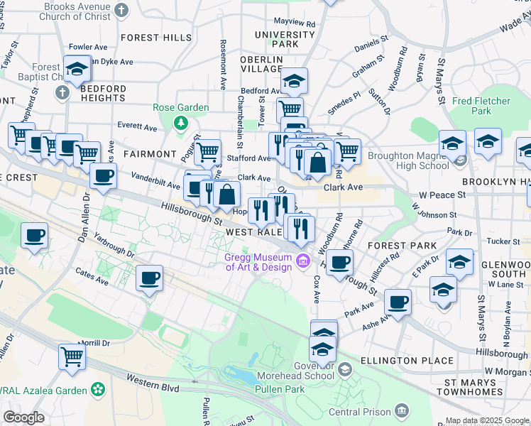 map of restaurants, bars, coffee shops, grocery stores, and more near 12 Enterprise Street in Raleigh