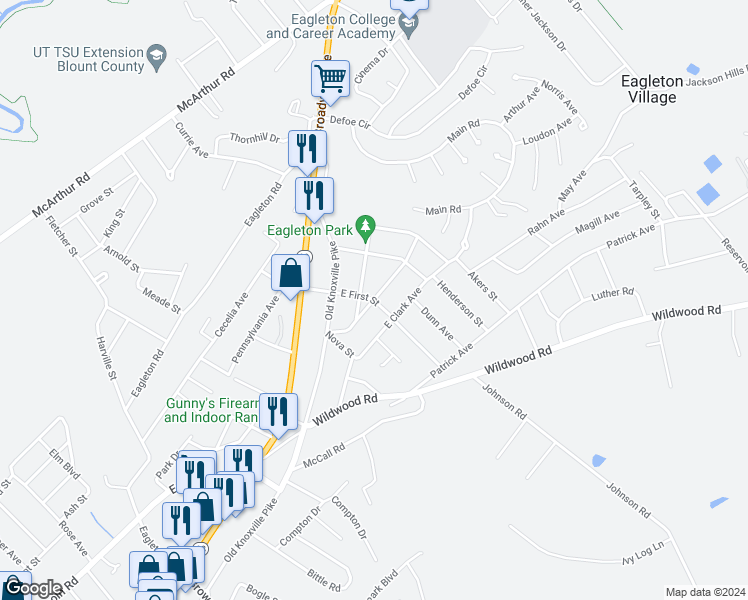 map of restaurants, bars, coffee shops, grocery stores, and more near 2507 Sevier Avenue in Maryville