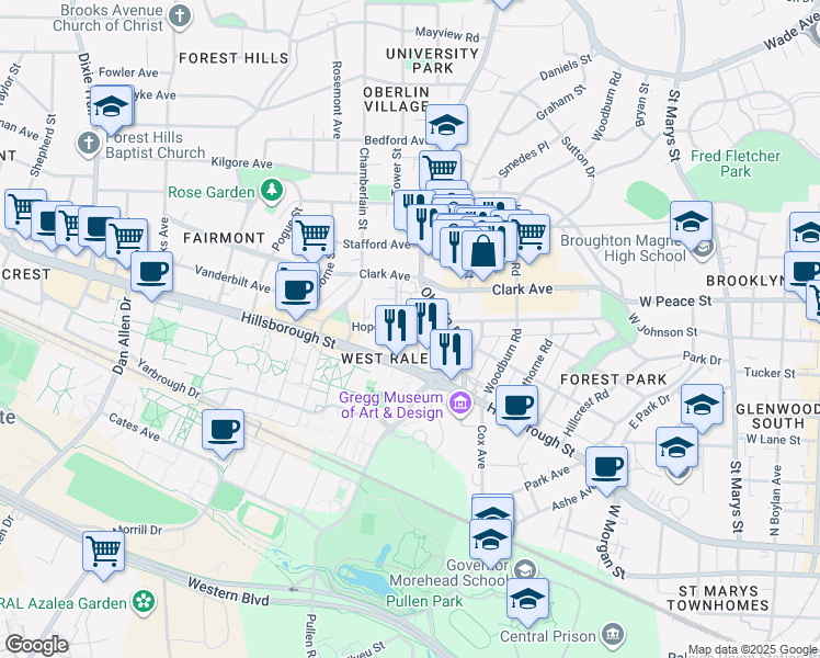 map of restaurants, bars, coffee shops, grocery stores, and more near 305 Oberlin Road in Raleigh