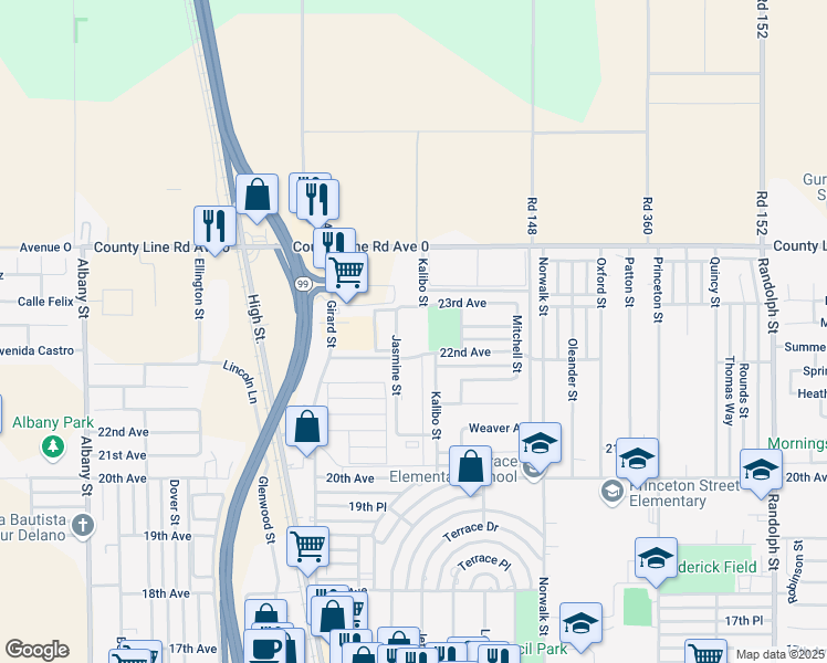 map of restaurants, bars, coffee shops, grocery stores, and more near 901 22nd Avenue in Delano