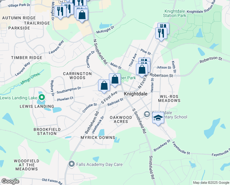 map of restaurants, bars, coffee shops, grocery stores, and more near 99 South First Avenue in Knightdale