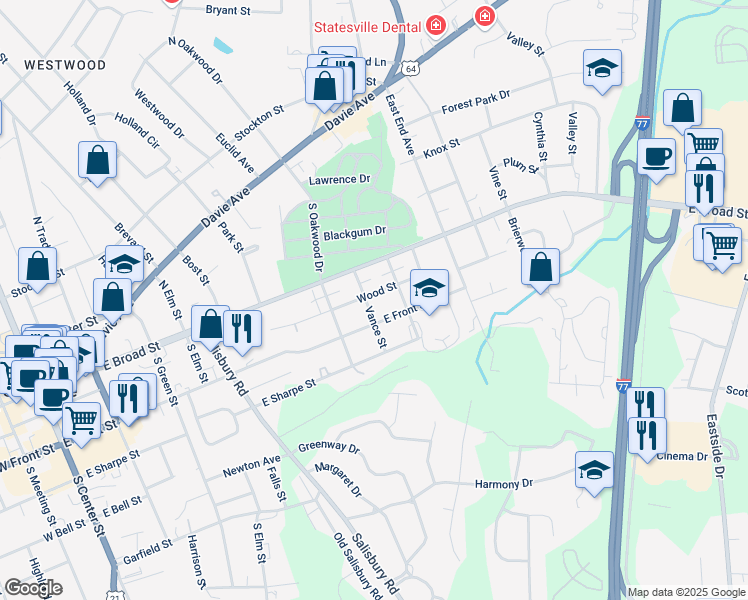 map of restaurants, bars, coffee shops, grocery stores, and more near 802 Wood Street in Statesville