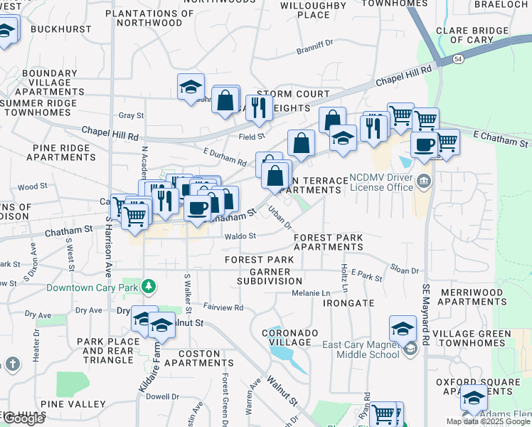 map of restaurants, bars, coffee shops, grocery stores, and more near 105 Chatham Walk Lane in Cary