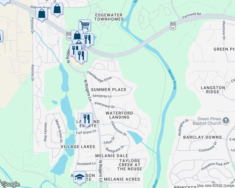 map of restaurants, bars, coffee shops, grocery stores, and more near 1005 Cookwood Court in Raleigh