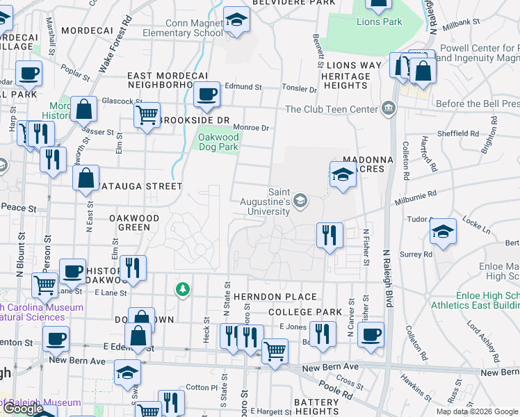 map of restaurants, bars, coffee shops, grocery stores, and more near 601 North State Street in Raleigh