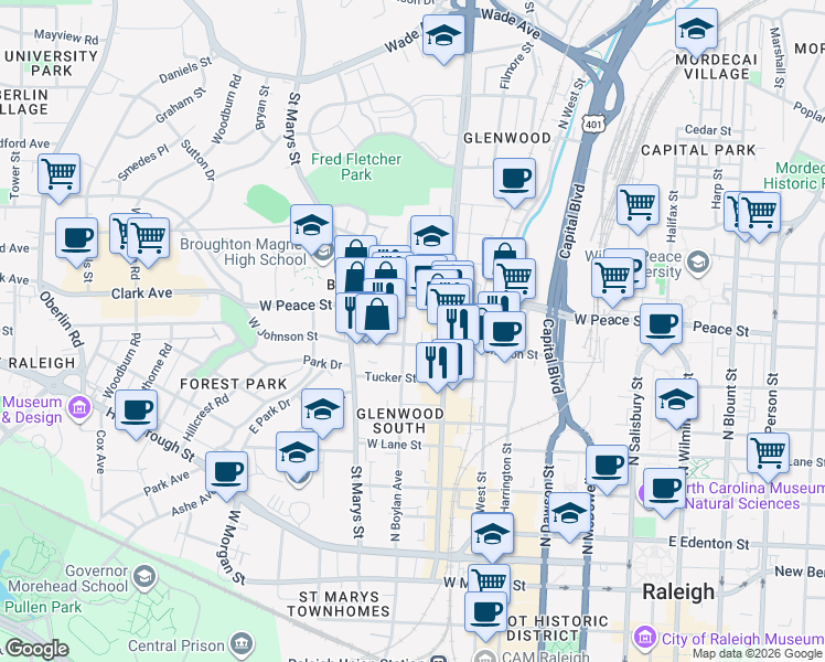 map of restaurants, bars, coffee shops, grocery stores, and more near in Raleigh