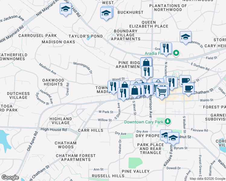 map of restaurants, bars, coffee shops, grocery stores, and more near 214 North Dixon Avenue in Cary