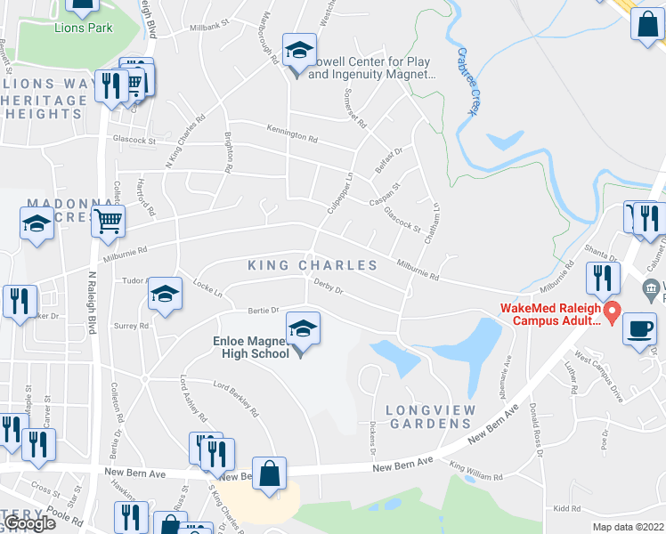 map of restaurants, bars, coffee shops, grocery stores, and more near 2414 Stevens Road in Raleigh