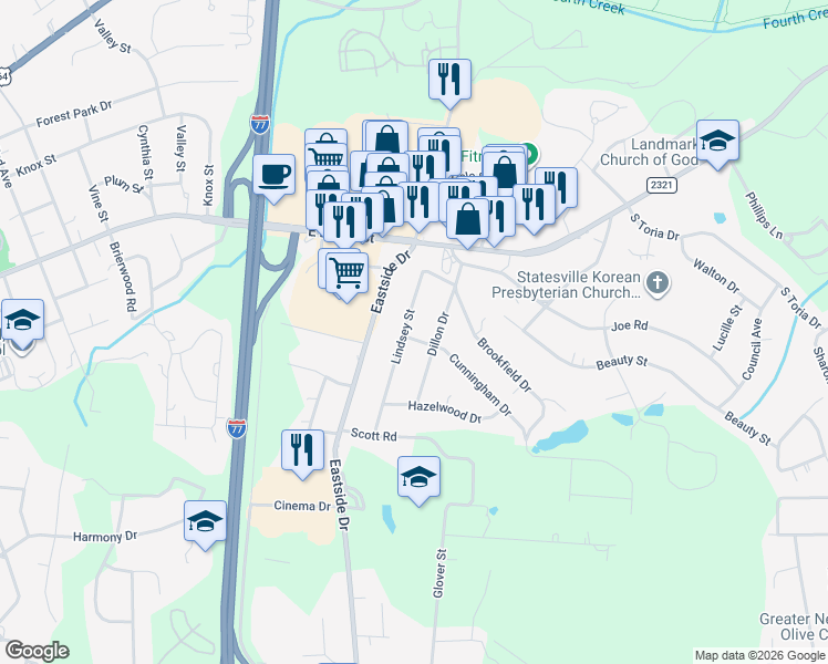 map of restaurants, bars, coffee shops, grocery stores, and more near 219 Lindsey Street in Statesville