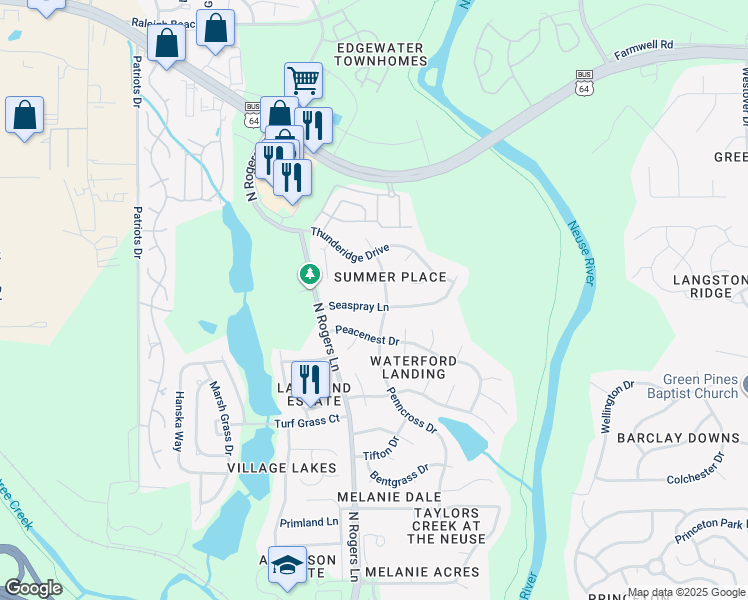 map of restaurants, bars, coffee shops, grocery stores, and more near 5339 Seaspray Lane in Raleigh
