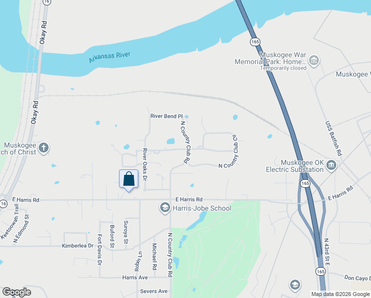 map of restaurants, bars, coffee shops, grocery stores, and more near 3423 River Bend Road in Muskogee