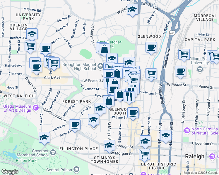 map of restaurants, bars, coffee shops, grocery stores, and more near 600 St Marys St in Raleigh