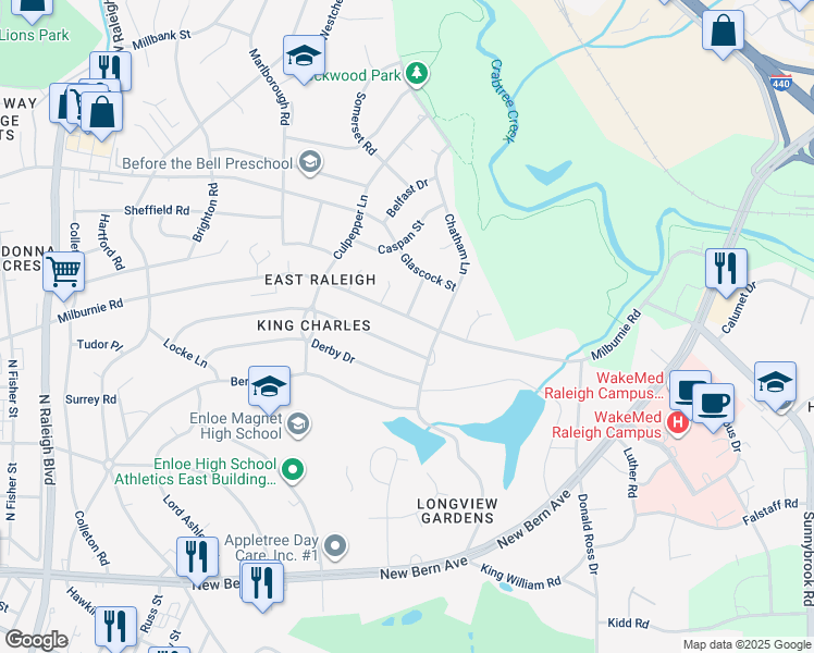 map of restaurants, bars, coffee shops, grocery stores, and more near 2464 Milburnie Road in Raleigh
