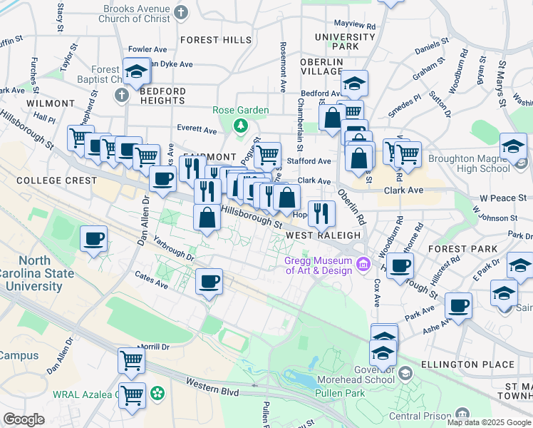map of restaurants, bars, coffee shops, grocery stores, and more near 18 Horne Street in Raleigh