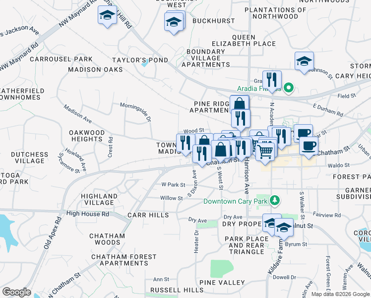 map of restaurants, bars, coffee shops, grocery stores, and more near 214 North Dixon Avenue in Cary