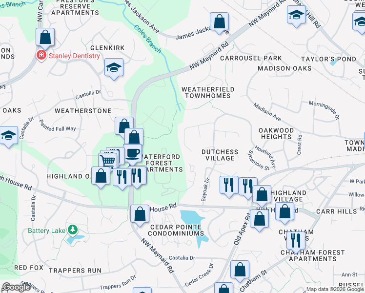 map of restaurants, bars, coffee shops, grocery stores, and more near 226 Dutchess Drive in Cary