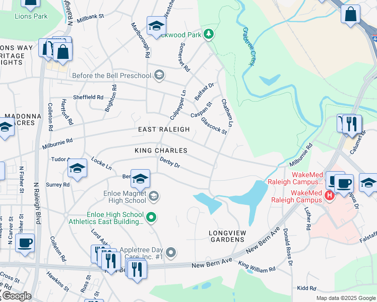 map of restaurants, bars, coffee shops, grocery stores, and more near 2441 Stevens Rd in Raleigh