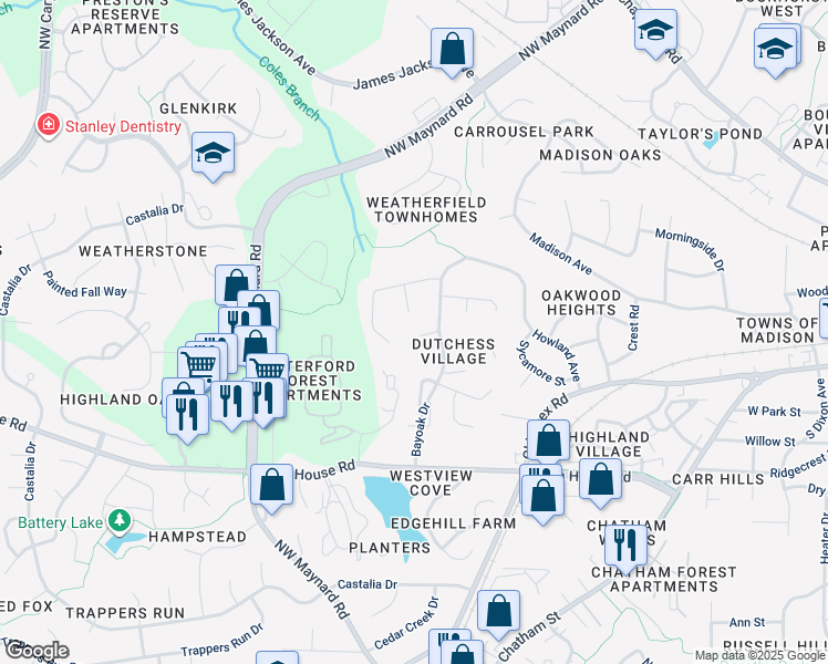 map of restaurants, bars, coffee shops, grocery stores, and more near 121 Adventure Trail in Cary