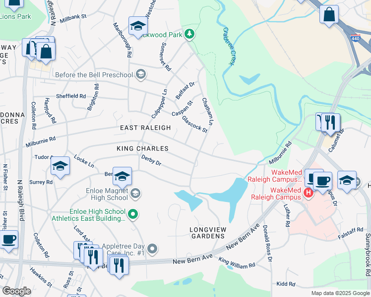 map of restaurants, bars, coffee shops, grocery stores, and more near 2464 Milburnie Road in Raleigh