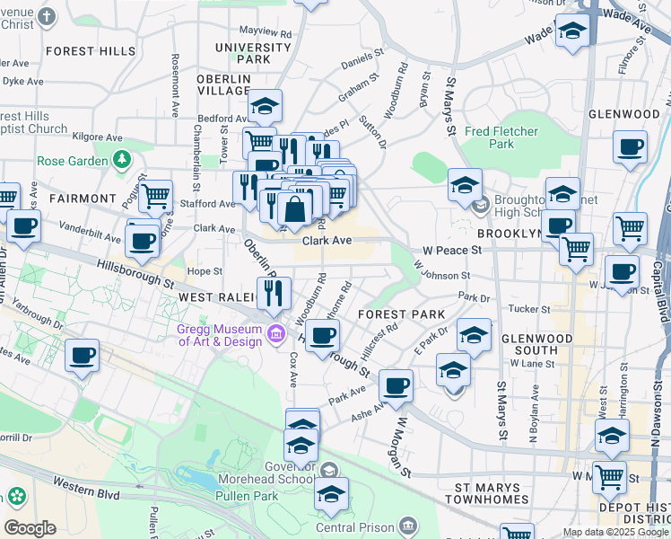 map of restaurants, bars, coffee shops, grocery stores, and more near 1715 Park Drive in Raleigh