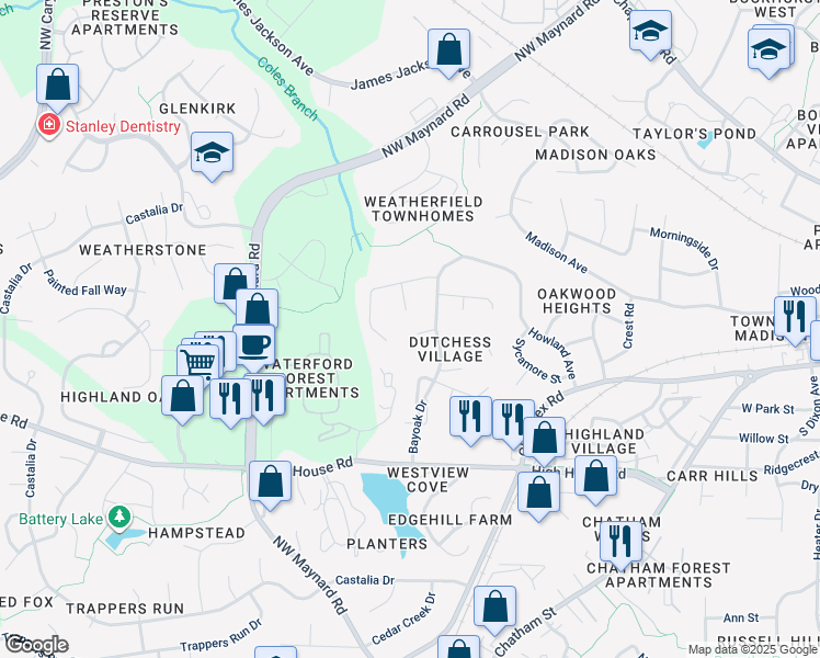 map of restaurants, bars, coffee shops, grocery stores, and more near 121 Adventure Trail in Cary