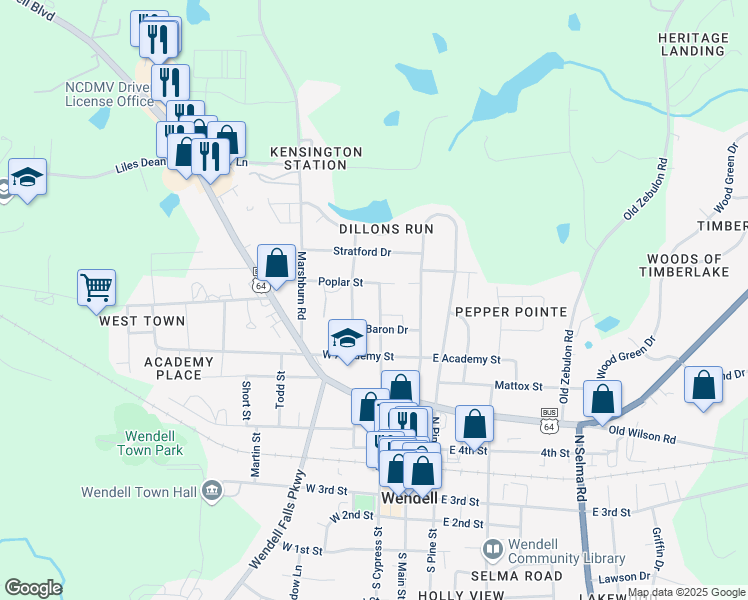 map of restaurants, bars, coffee shops, grocery stores, and more near 527 North Cypress Street in Wendell