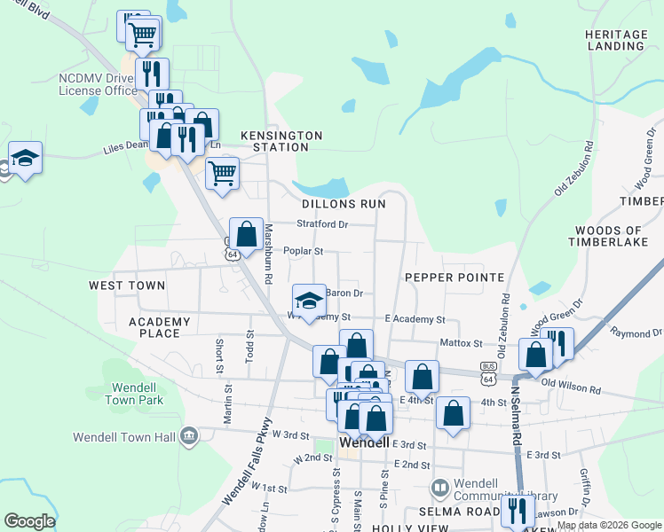 map of restaurants, bars, coffee shops, grocery stores, and more near 527 North Cypress Street in Wendell