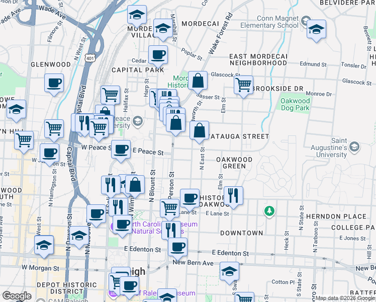 map of restaurants, bars, coffee shops, grocery stores, and more near 601 North Bloodworth Street in Raleigh