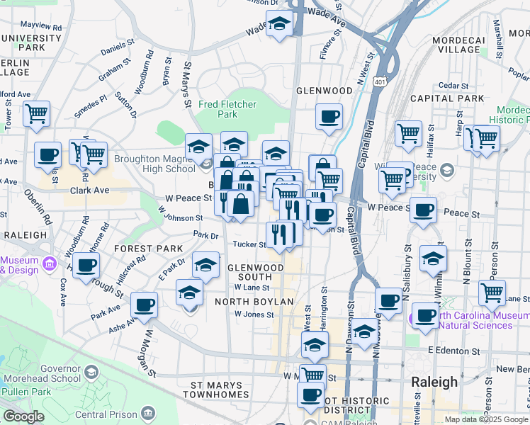 map of restaurants, bars, coffee shops, grocery stores, and more near None in Raleigh