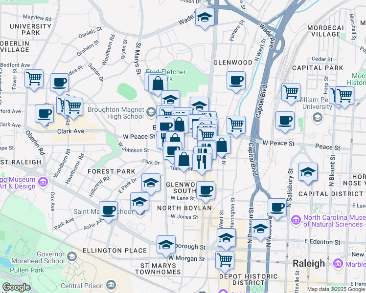 map of restaurants, bars, coffee shops, grocery stores, and more near 804 West Peace Street in Raleigh