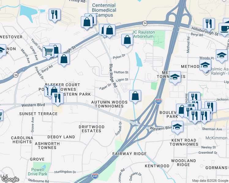 map of restaurants, bars, coffee shops, grocery stores, and more near 600 Blue Ridge Road in Raleigh