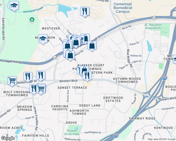 map of restaurants, bars, coffee shops, grocery stores, and more near 5130 Powell Townes Way in Raleigh