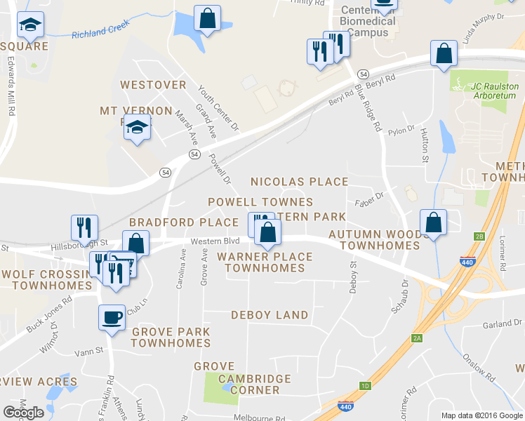 map of restaurants, bars, coffee shops, grocery stores, and more near 5130 Powell Townes Way in Raleigh