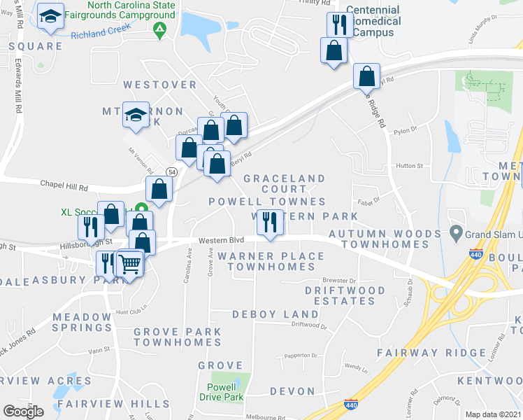 map of restaurants, bars, coffee shops, grocery stores, and more near 5130 Powell Townes Way in Raleigh