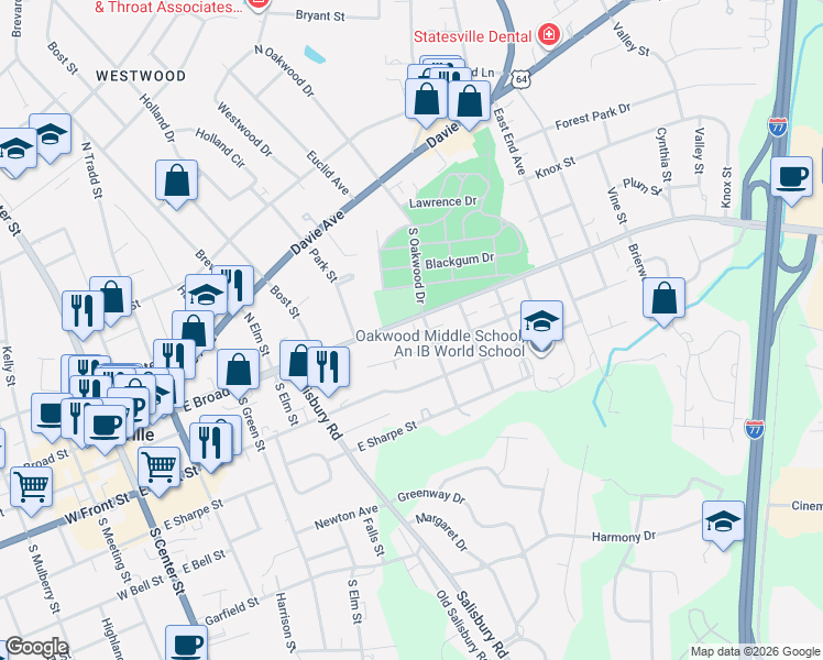 map of restaurants, bars, coffee shops, grocery stores, and more near 625 East Broad Street in Statesville